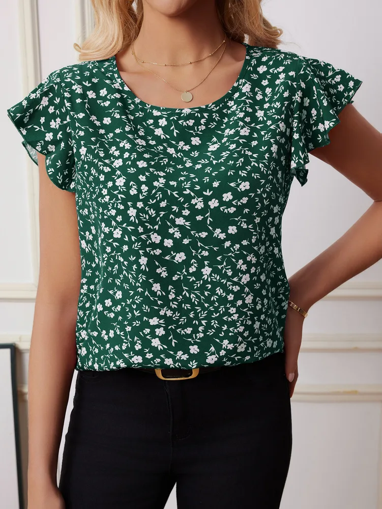 Chiffon Shirt Short-sleeved Shirt European And American Fashion Casual Printing - Green - View 1