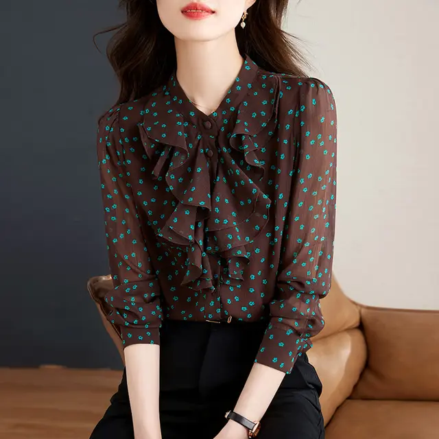 Lotus Leaf Lace Collar Long Sleeve Small Flower Chiffon Shirt Color - Shop at LoveMi