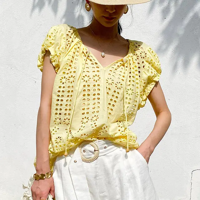 Vacation Style Embroidered Top Short Sleeve Summer French Style Design Top - Shop at LoveMi