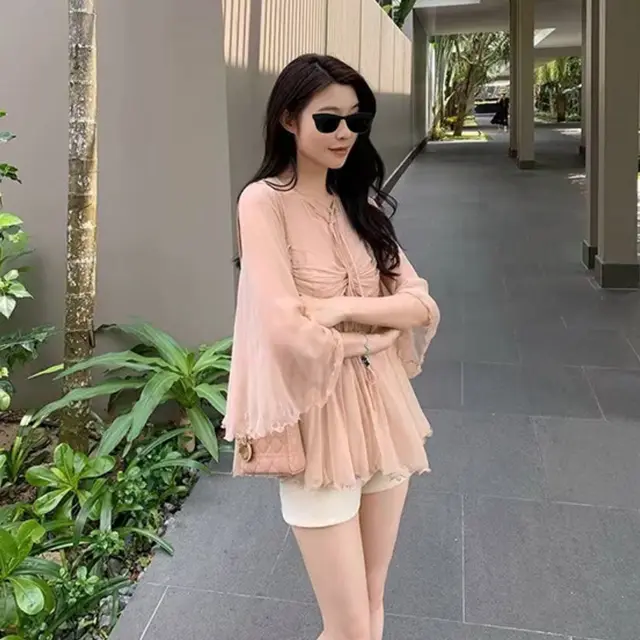 Pure Desire Style Chiffon Shirt Women's High grade Ruffle Sleeve Mesh Pink - Shop at LoveMi