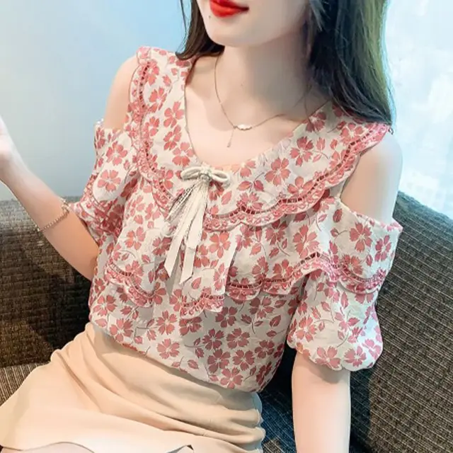 Women's Floral Short sleeved Chiffon Blouse Off shoulder Sweet Shirt Red Flower - Shop at LoveMi