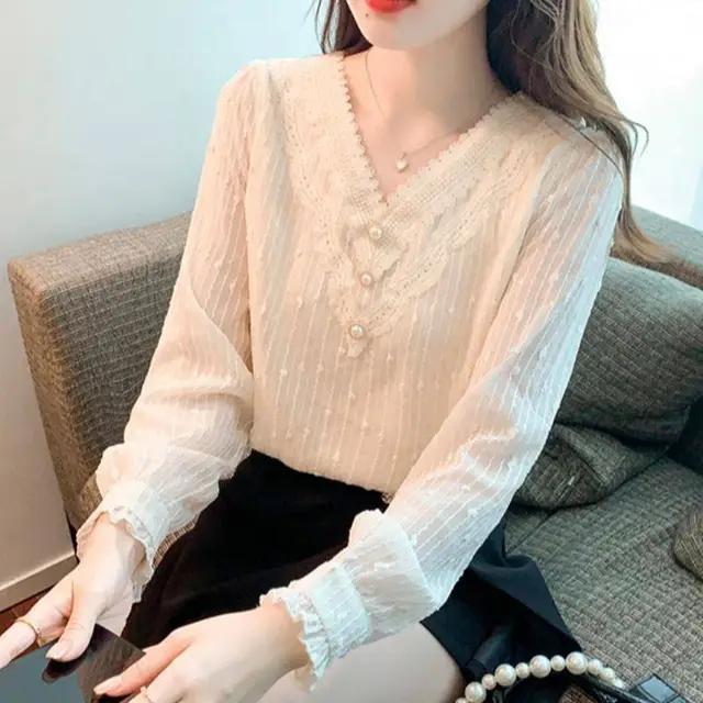Western Style Fashion Inner Match Top Temperament Youthful looking Chiffon Lace Shirt Conventional Apricot Style - Shop at LoveMi