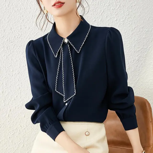 New Design Sense Niche Western Style Shirt Female Navy Blue - Shop at LoveMi