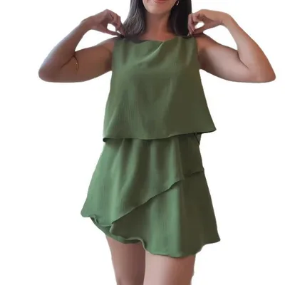 Solid Color Summer Elegance Sleeveless Top Round Neck Stitching One piece Culotte Green - Shop at LoveMi