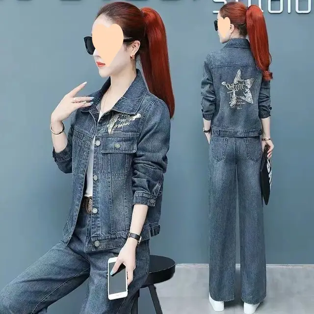 Autumn Denim Suit Women's Spring And Autumn New Top Jeans Two piece Set Deep Sky Blue Set - Shop at LoveMi