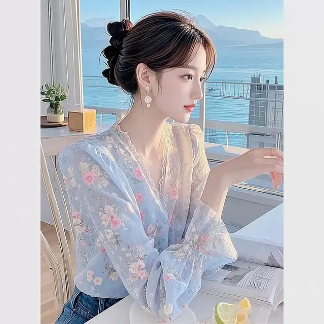 Lace Edge Floral Chiffon Shirt Blue Floral Shirt - Shop at LoveMi