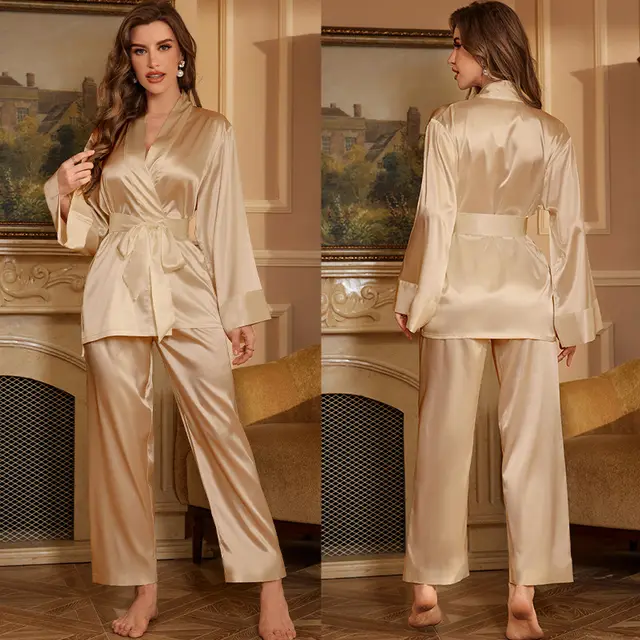 Solid Color Nightgown Trousers Home Wear Two piece Set Champagne - Shop at LoveMi