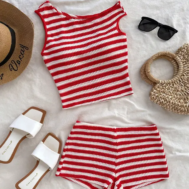 Vacation Style Striped Vest Hip wrapped Short Suit Mixed Color - Shop at LoveMi