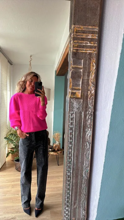 Women's Sweater Round Neck Fashionable Knitted Sweater Rose Red - Shop at LoveMi