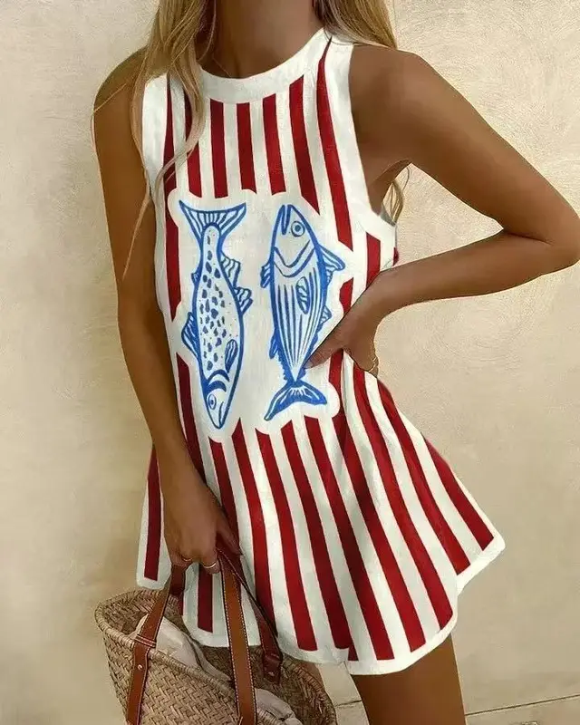 Women's Autumn Crew Neck Sleeveless Shirt Long Sweater Marine Elements Casual Shirt White And Red Stripes - Shop at LoveMi
