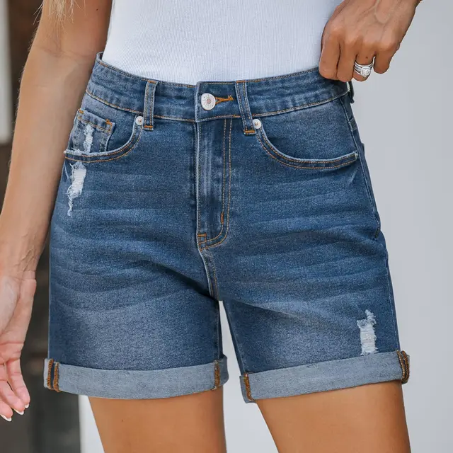 Straight Slim fit Worn out Curling Denim Shorts Dark Blue - Shop at LoveMi