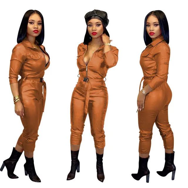 Women's Casual Fashion Solid Color High Elastic Leather Jumpsuit Brown - Shop at LoveMi