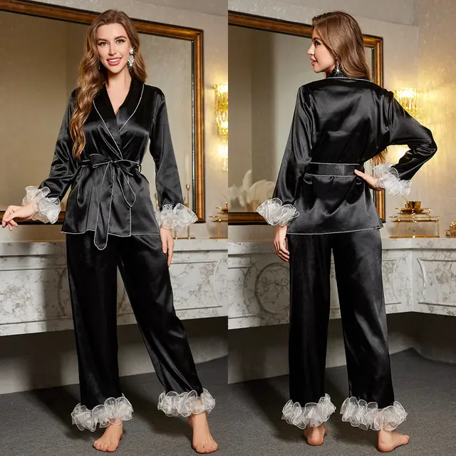 Women's Luxury Midnight Yao Ting Pajamas Root Yarn Tree Fungus like Lacework Ice Silk Long Sleeve Trousers Suit Black - Shop at LoveMi