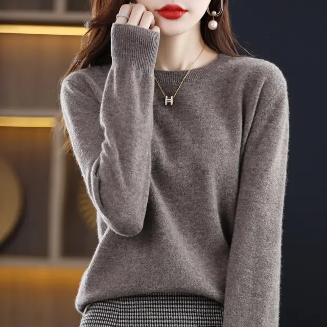 Women's Round Neck Sweater Loose Knitted Bottoming Sweater Dark Camel Color - Shop at LoveMi