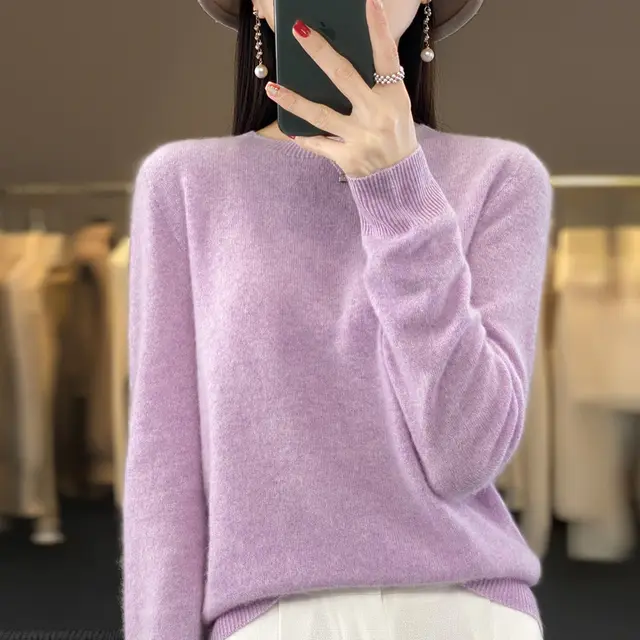 Women's Round Neck Sweater Loose Knitted Bottoming Sweater Purple Mixed With Flowers - Shop at LoveMi
