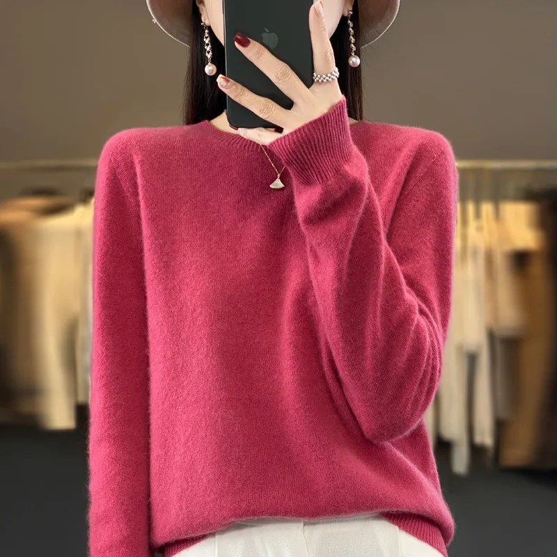 Women's Round Neck Sweater Loose Knitted Bottoming Sweater Raspberry Color 2Xl - Shop at LoveMi