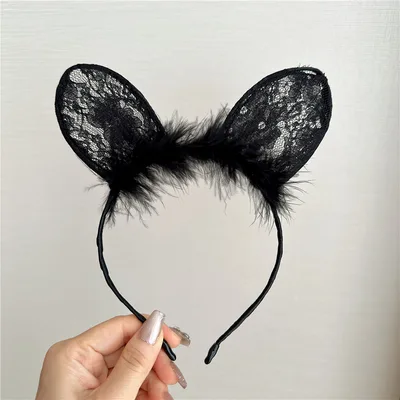 Ladies' Temperament Lace High end Cat Ear Hair Accessory 2 Black Feather Rabbit Ears - Shop at LoveMi