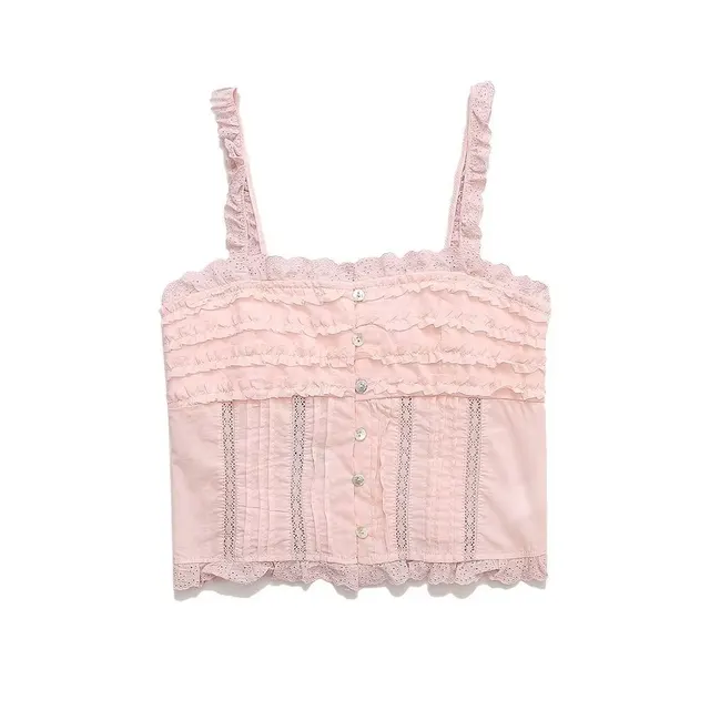 All match Embroidered Ruffled Camisole Straight Collar Vest Pink - Shop at LoveMi