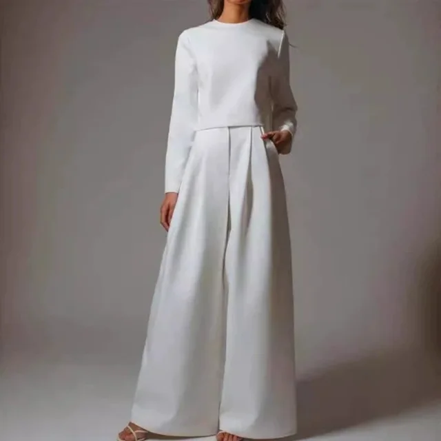 Loose fitting Solid Color Long Sleeves Casual Two piece Suit Wide Leg Pants Suit White - Shop at LoveMi