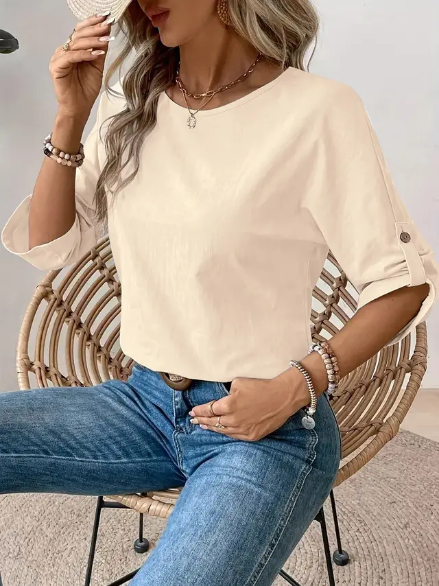 Solid Color Round Neck Casual Fashion Simple Design Women's Elegant Shirt Apricot - Shop at LoveMi