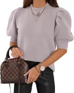 Half Turtleneck Lantern Sleeve Sweater Short Sleeve Pleated Sweater - Light Grey