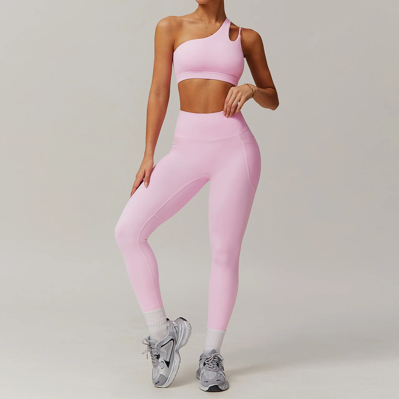 Breathable Quick-drying Skinny Yoga Clothes Pocket Running Sports Suit - Cherry Blossom Pink