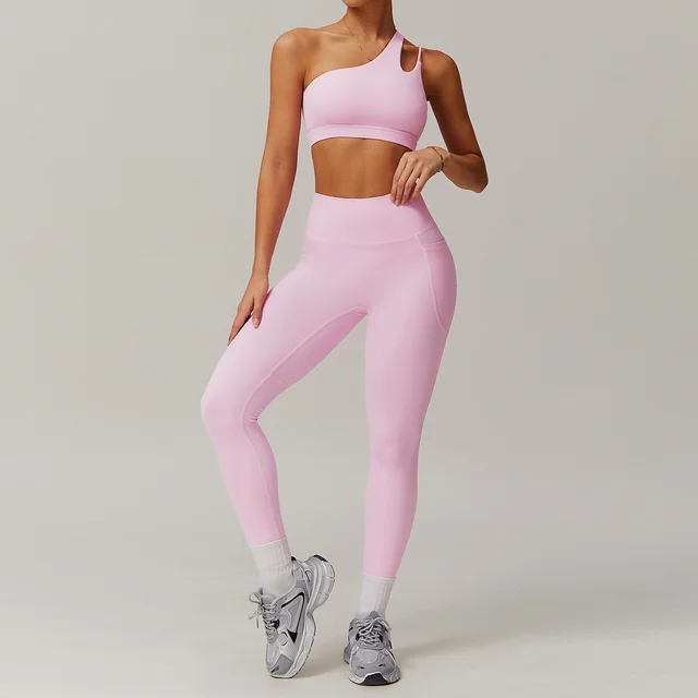 Breathable Quick drying Skinny Yoga Clothes Pocket Running Sports Suit Cherry Blossom Pink - Shop at LoveMi