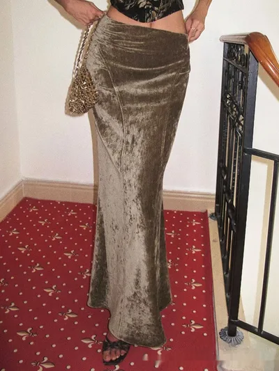 Long European And American Velvet Gloss Diamond Velvet Oblique Cut High Waist Drooping A Line Temperament Sexy Skirt Brown - Shop at LoveMi