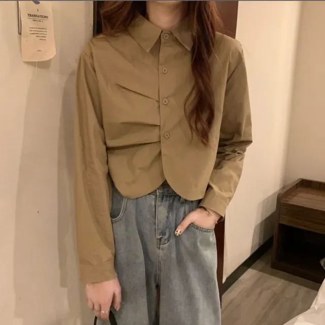 French White Shirt Women's Spring Design Sense Niche Shirt Temperament High Sense Chic Beautiful Short Long Sleeve Top Khaki - Shop at LoveMi