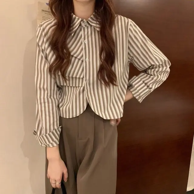 French White Shirt Women's Spring Design Sense Niche Shirt Temperament High Sense Chic Beautiful Short Long Sleeve Top Stripes - Shop at LoveMi