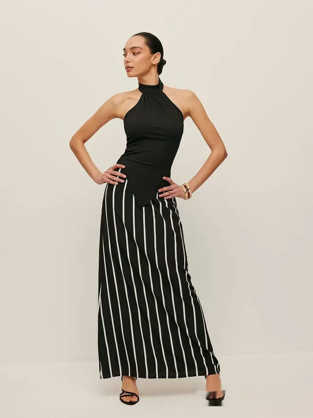 European And American Simple Halter Backless Sunken Stripe Knitted Top Striped Black And White High Waist Skirt For Women Black - Shop at LoveMi