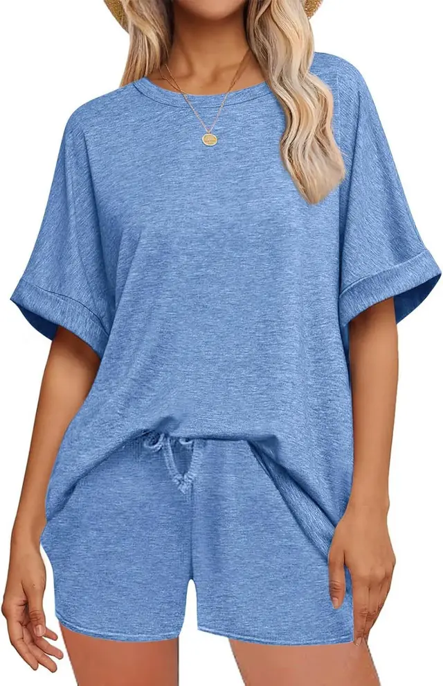 Casual Suit Oversized Short Sleeve T shirt Drawstring Shorts Casual Wear Sportswear Lake Blue - Shop at LoveMi