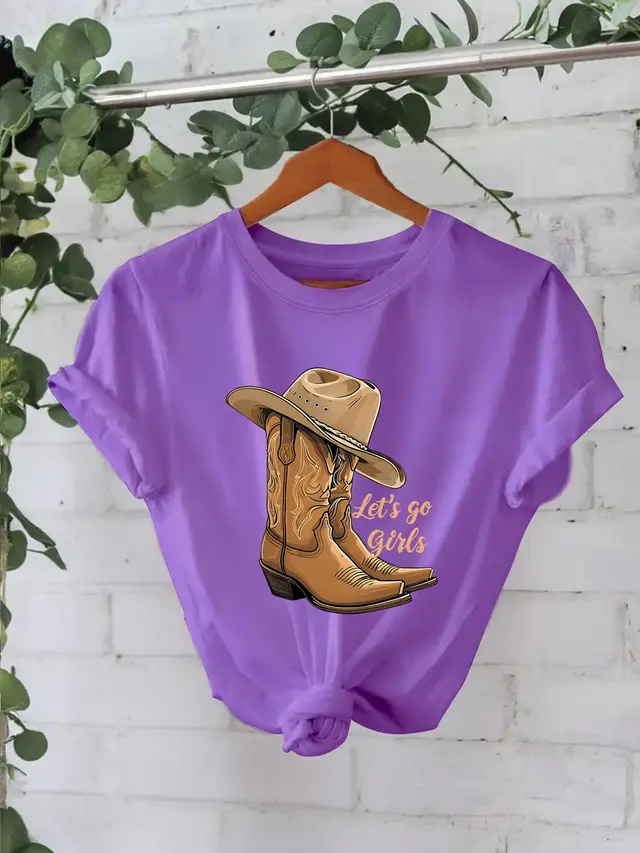 Cotton T shirt Female Martin Boots Hat Printing Dark Purple - Shop at LoveMi