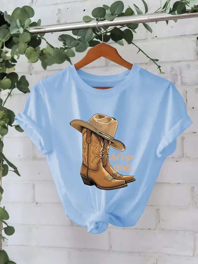 Cotton T shirt Female Martin Boots Hat Printing Sky Blue - Shop at LoveMi