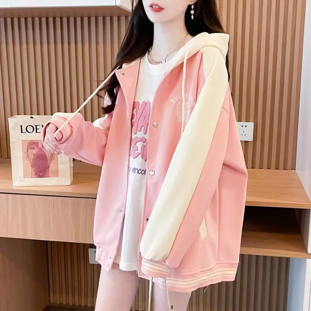 Casual Fashion Sweater Heavy Industry Cartoon Embroidery Contrast Color Baseball Uniform Pink - Shop at LoveMi