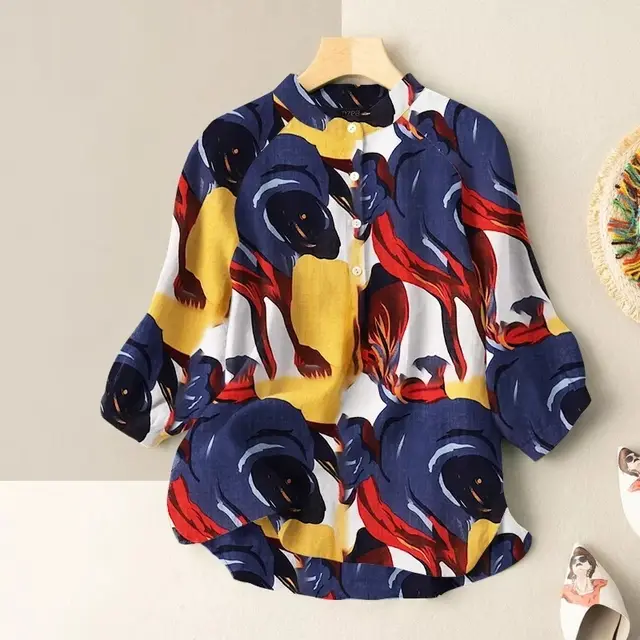 Women's Casual Loose Printed Shirt Blue Flower - Shop at LoveMi