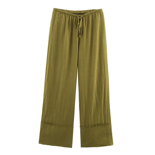 Spring And Summer Linen Shirt Wide Leg Pants Olive Green Pants - Shop at LoveMi