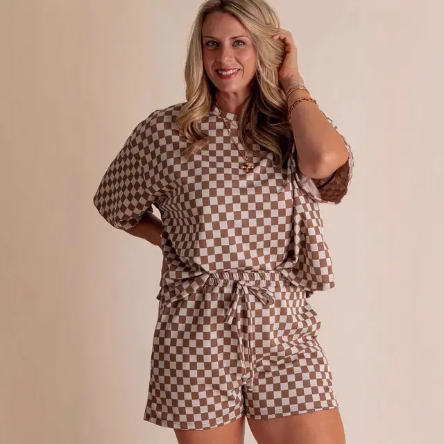 New Comfort Loose Leisure Suit Women's European And American Fashion Plaid Short sleeved Shirt And Shorts Two piece Set Khaki - Shop at LoveMi