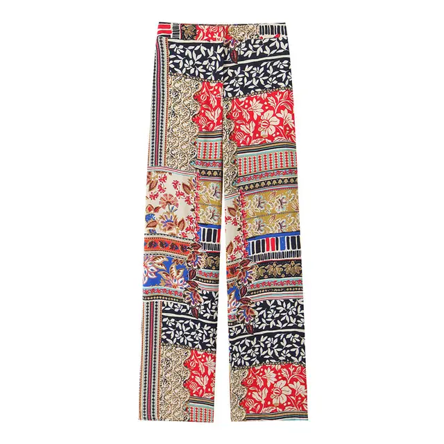 Patchwork Wide Leg Pants Printed Blouse Midi Skirt Dress Trousers - Shop at LoveMi