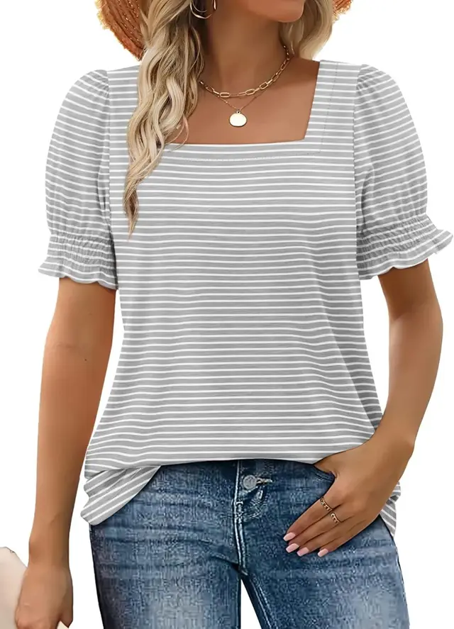 Spring And Summer New Fashion Simple U neck Petal Sleeve Loose T shirt Gray Stripes - Shop at LoveMi