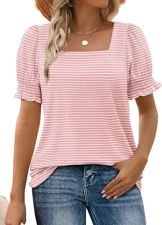 Spring And Summer New Fashion Simple U neck Petal Sleeve Loose T shirt Pink Stripes - Shop at LoveMi