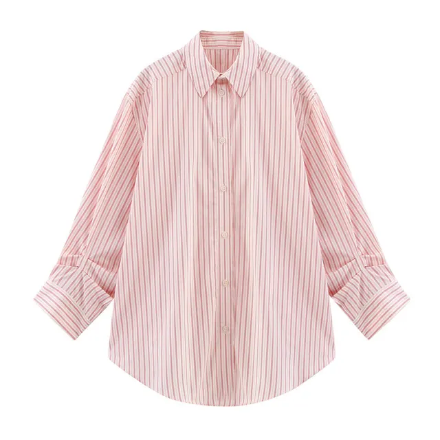 Oumeitong Diligent Style Loose All matching Striped Lapel Long Sleeve Shirt - Shop at LoveMi