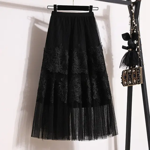 Embroidered Floral Lace Pleated A Line Cake Dress Midi Skirt Black - Shop at LoveMi