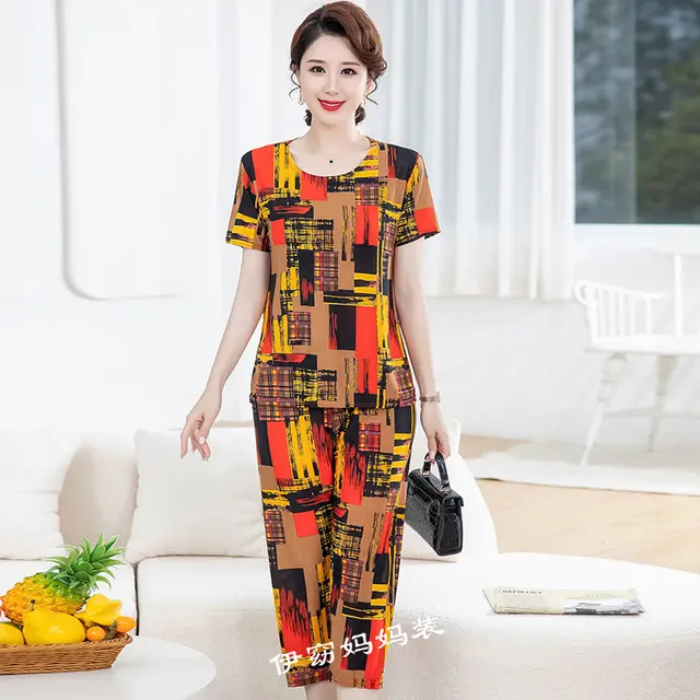 New Plus Size Loose Elastic Short Sleeve Two piece Suit Middle aged And Elderly Casual Homewear Maca Red - Shop at LoveMi