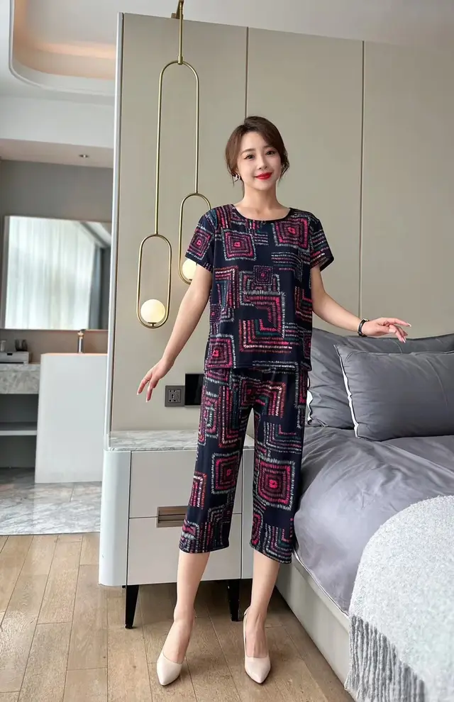 New Plus Size Loose Elastic Short Sleeve Two piece Suit Middle aged And Elderly Casual Homewear Maze Purple - Shop at LoveMi