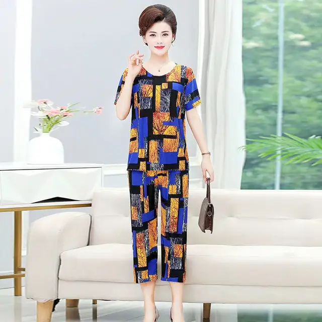 New Plus Size Loose Elastic Short Sleeve Two piece Suit Middle aged And Elderly Casual Homewear Yellow And Blue Plaid Blocks - Shop at LoveMi