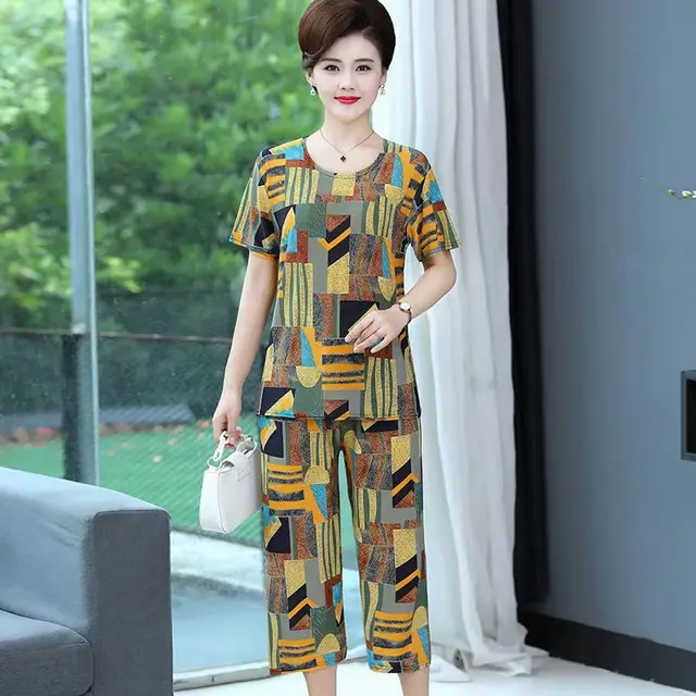 New Plus Size Loose Elastic Short Sleeve Two piece Suit Middle aged And Elderly Casual Homewear Yellow Geometry - Shop at LoveMi