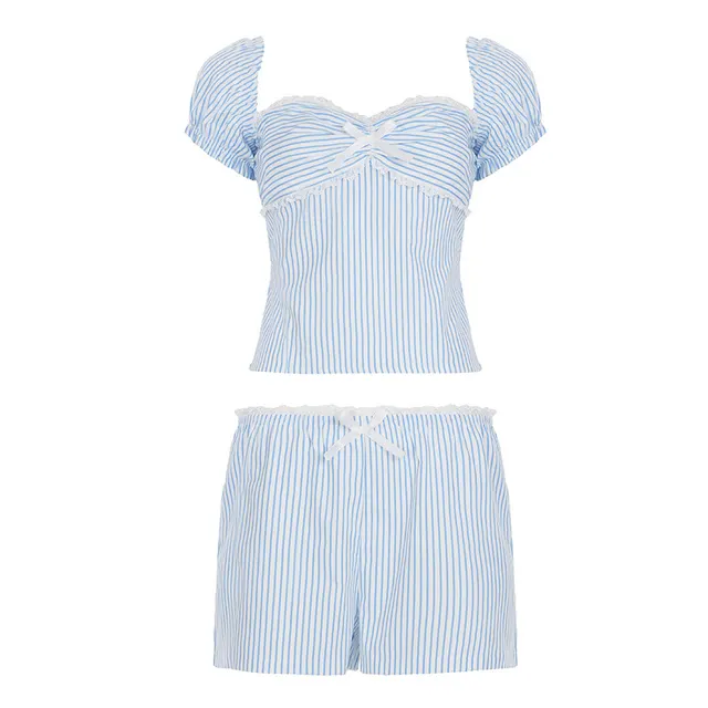 French Pastoral Girl Off shoulder Lace Fluted Collar Striped Top Shorts Casual Suit Blue - Shop at LoveMi
