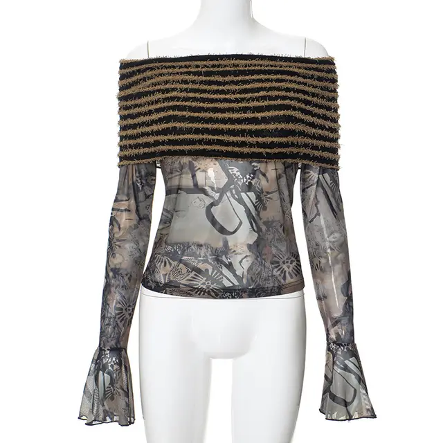 Women's Fashion Floral print Off shoulder Top Brown Y23Tp638 - Shop at LoveMi