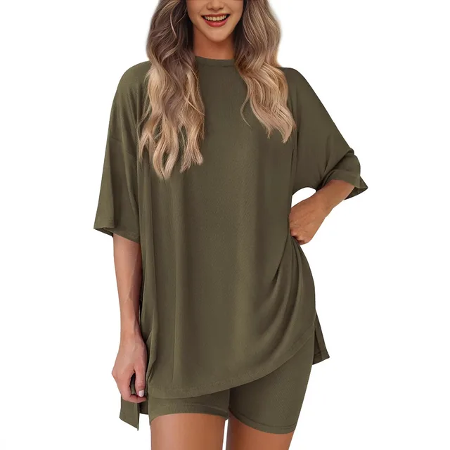 New Loose Fashion Solid Color Casual Two piece Suit Army Green - Shop at LoveMi